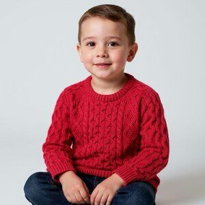 LL Bean Kids Unisex 4T Red Cable Knit Fisherman Wool Blend Crewneck Sweater